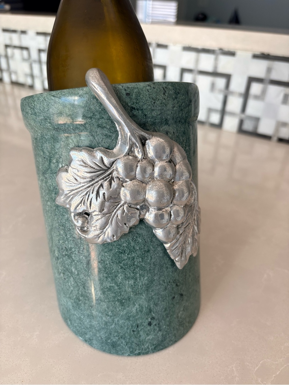 Vintage Angled Solid Green Marble & Pewter Wine Chiller | Grape Harvest Cooler - Picture 4 of 11